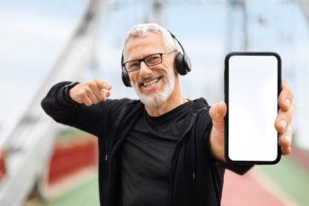 Retired sportsman showing phone with white empty screen, sports techの写真素材