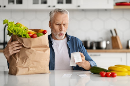 Prices For Food. Shocked Senior Man Checking Grocery Bills In Kitchenの写真素材