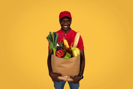 Happy young african american delivery man in uniform hold eco paper bag with vegetables and fruits