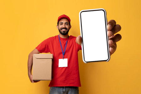 Delivery Service Application. Smiling indian man showing smartphone with blank screenの写真素材
