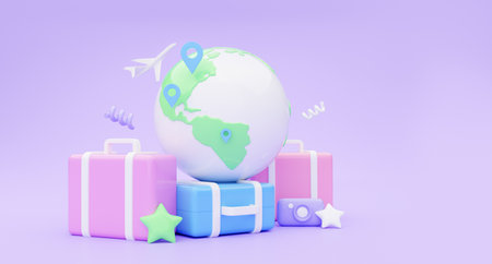 Flight travelling concept. Globe planet, suitcases and airplane, copy space