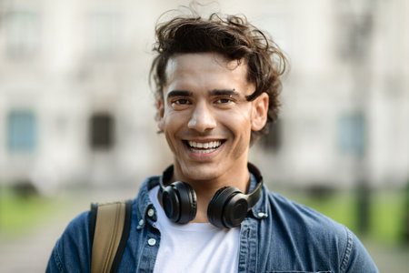 Portrait Of Handsome Young Man With Eyebrow Piercing Posing Outdoorsの写真素材