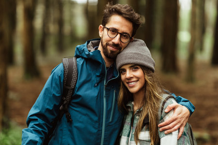 Happy young caucasian couple in jackets walk, enjoy trip, outdoor, close up. Travel together, hiking in forestの写真素材