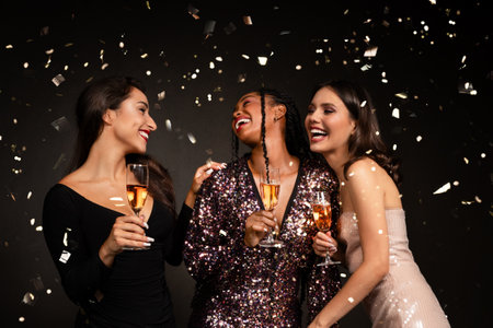 Three beautiful young ladies in nice dresses drinking champagne, laughingの写真素材