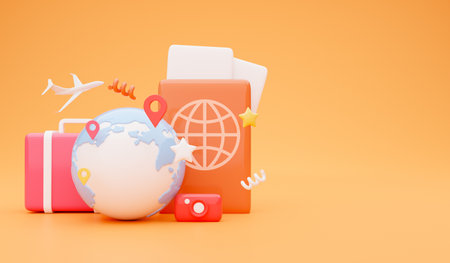 Flight travelling concept. Globe planet, suitcases and passport, copy spaceの写真素材