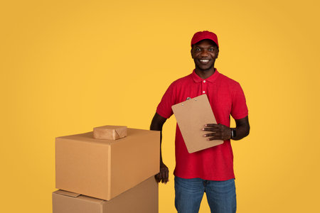 Happy millennial african american man courier in uniform with many boxes, clipboardの写真素材