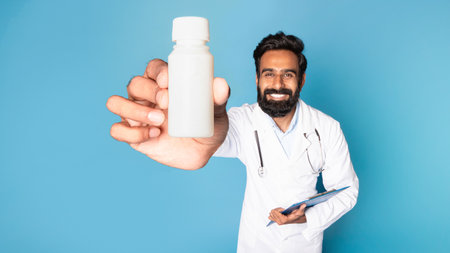 Therapist advice for treatment. Smiling indian man doctor showing jar of medicines on blue background, selective focusの写真素材