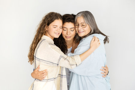 Smiling caucasian teen girl, adult mom and old grandma with closed eyes hugging, enjoy rest and loveの写真素材
