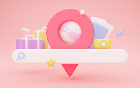 Looking for travel destination, 3D illustration, collage