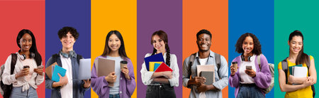Set of multiracial students with backpacks, notepads on colorful backgroundの写真素材