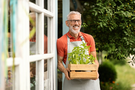 Portrait of handsome mature male gardener carrying plants in crate outside greenhouseの写真素材