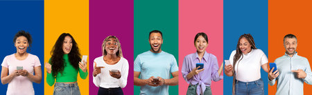 Collage of multiethnic diverse excited people using smartphones on backgroundの写真素材