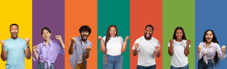 Happy multicutural people clenching fists on backgrounds, collage, bannerの写真素材