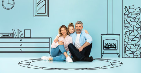Smiling little european girl hug adult parents, isolated on blue studio background, with drawn abstract furnitureの写真素材
