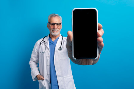 Happy elderly doctor showing smartphone with blank screenの写真素材