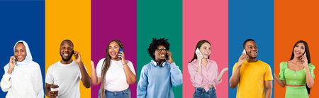 Collage of multiethnic diverse people talking on cell phonesの写真素材