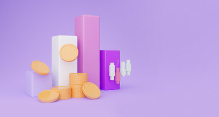 Money coins and charts, 3d illustration for trading concept