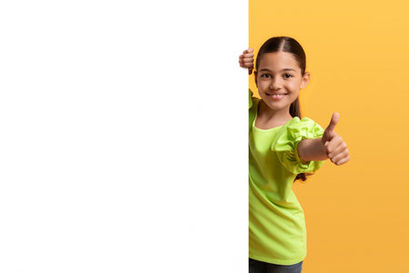 Cute pretty preteen girl by blank advertising placard, thumb upの写真素材
