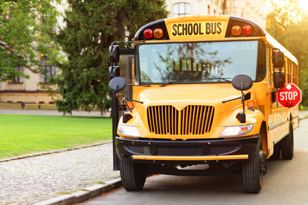 Retro Yellow School Bus With Stop Sign Standing On The Road