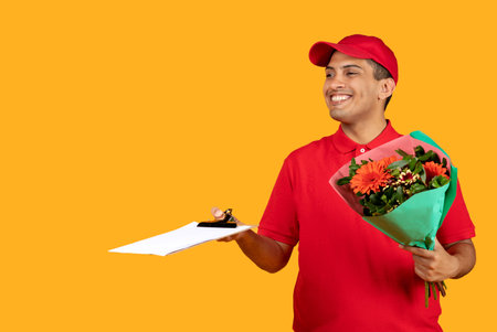 Arabic Delivery Man Delivering Fresh Flowers Bouquet Over Yellow Backgroundの写真素材