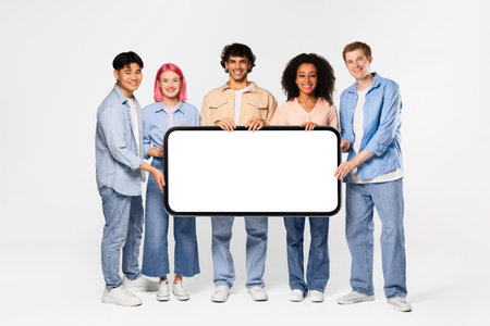 We recommend. Smiling multiracial teen friends holding big cellphone with white blank screen, mockup, bannerの写真素材