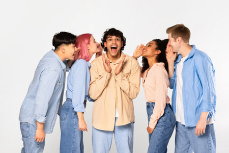 Excited international friends gossiping, whispering to surprised guy and sharing news, standing over white backgroundの写真素材