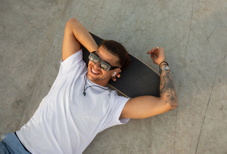 Stylish tattooed man relaxing on skateboard and listening music in earpads, relaxing in skate park,...
