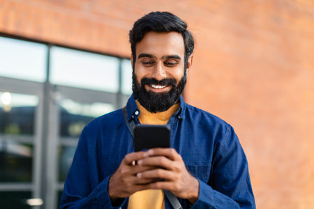 Portrait Of Smiling Bearded Arabian Man Using Smartphone Application Outdoorの写真素材