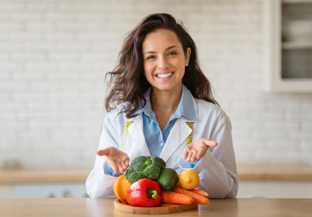 Portrait of cheerful dietitian in lab coat pointing at fresh fruits and vegetables on table, smiling at camera at clinicの写真素材