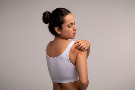 Brunette young woman scratching red spots on her skinの写真素材