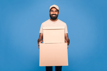 Express delivery concept. Happy indian courier man holding cardboard boxes, delivering goods from online storeの写真素材