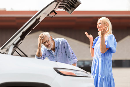 Senior spouses standing next to open hood of broken carの写真素材