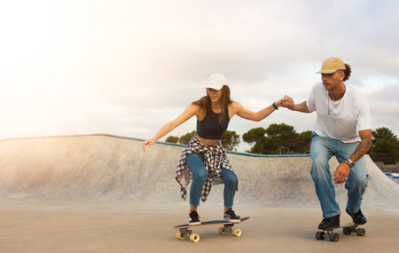 Young couple skillfully riding skateboards on rampの写真素材
