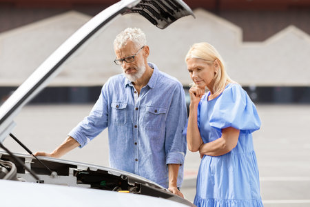Upset senior couple in road trip experience problems, breakdown engineの写真素材