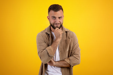 Cheerful pensive cunning millennial caucasian guy with beard in casual thinksの写真素材