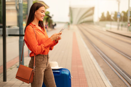 Young tourist woman messaging on mobile phone at tram stationの写真素材