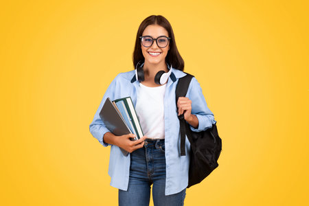 Positive teen student lady with backpack, books, in glasses and headphones study