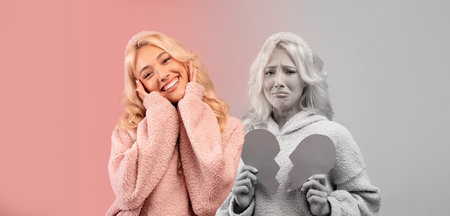 Happy and sad millennial european woman suffer from depression, heartbreak, cryの写真素材