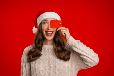 Woman In Santa Hat Covering Eye With Credit Card, Studioの写真素材