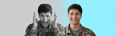 Smiling and despaired millennial european man suffer from depression, pressureの写真素材