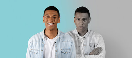 Smiling, angry, sad millennial african american guy suffer from depression, stressの写真素材