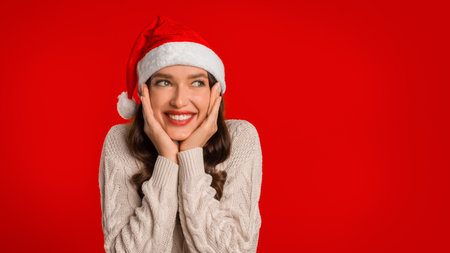 Young Lady Wearing Santa Hat Cupping Face In Hands, Studioの写真素材