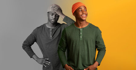 Cheerful, sad, tired millennial black man suffer from depression, stress and mistake