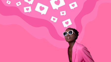 Stylish woman in sunglasses, heart speech bubbles on pink backgroundの写真素材