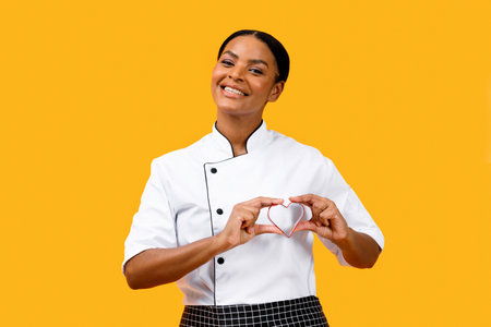 Love Cooking. Happy Black Chef Woman Holding Heart-Shaped Cookie Mold Near Chestの写真素材