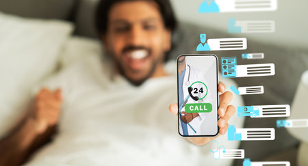 Medical App. Happy Arab Man Holding Smartphone With Telemedicine Application On Screen