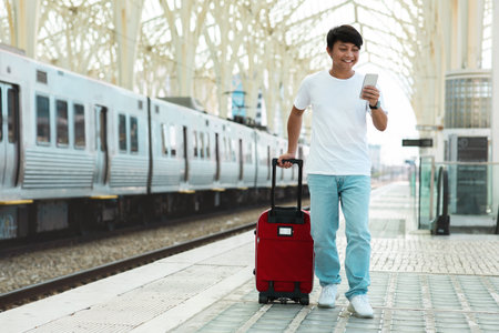 Asian guy traveler using smartphone, standing by train
