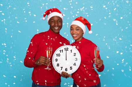 Couple In Santa Hats Holding Champagne Glasses And Clock, Studio