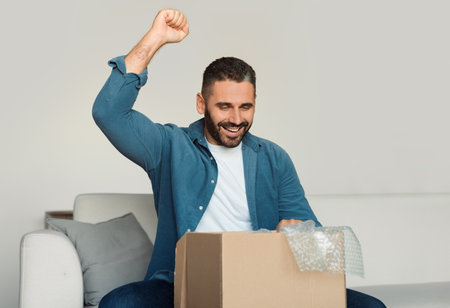 Joyful middle aged guy unpacking carton box shaking fist indoorsの写真素材