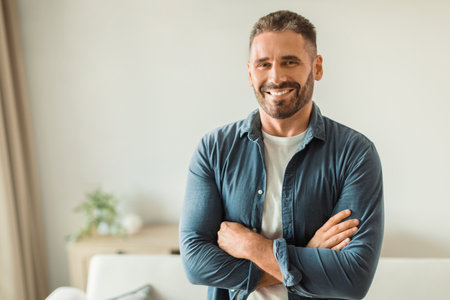 Cheerful middle aged man standing amidst modern living roomの写真素材